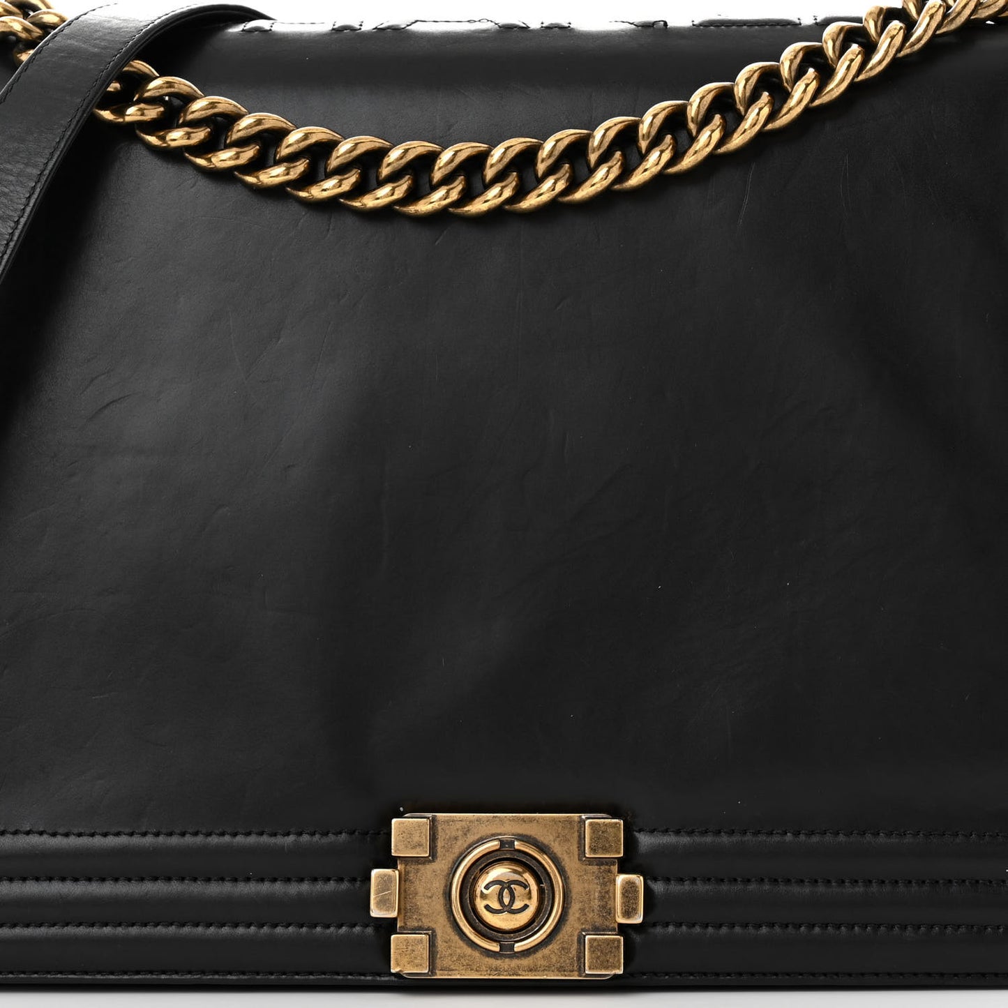 Glazed Calfskin Large Boy Flap Black