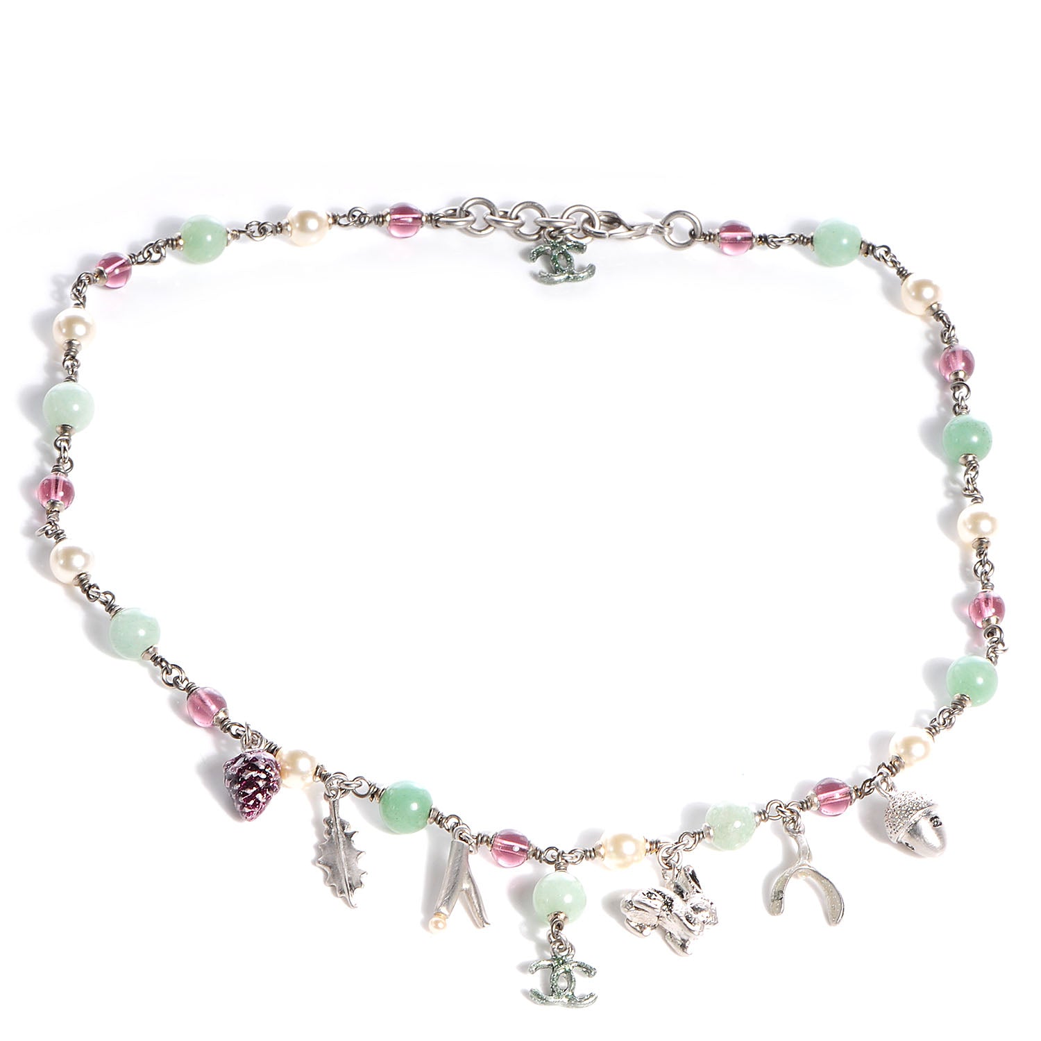Chanel Beaded Charm CC Necklace Silver Multicolor 3 of 6
