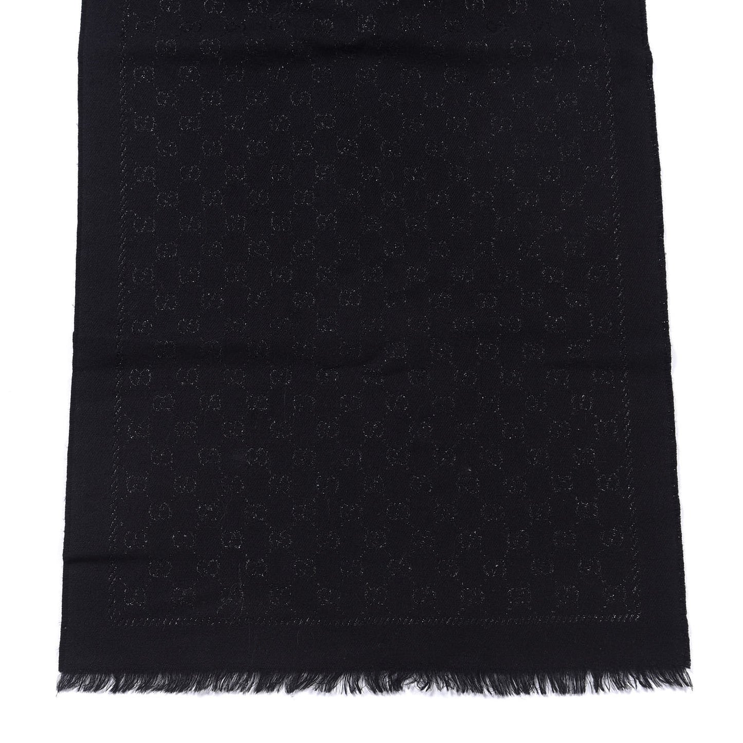 Wool Silk GG Monogram Fringe Scarf Black