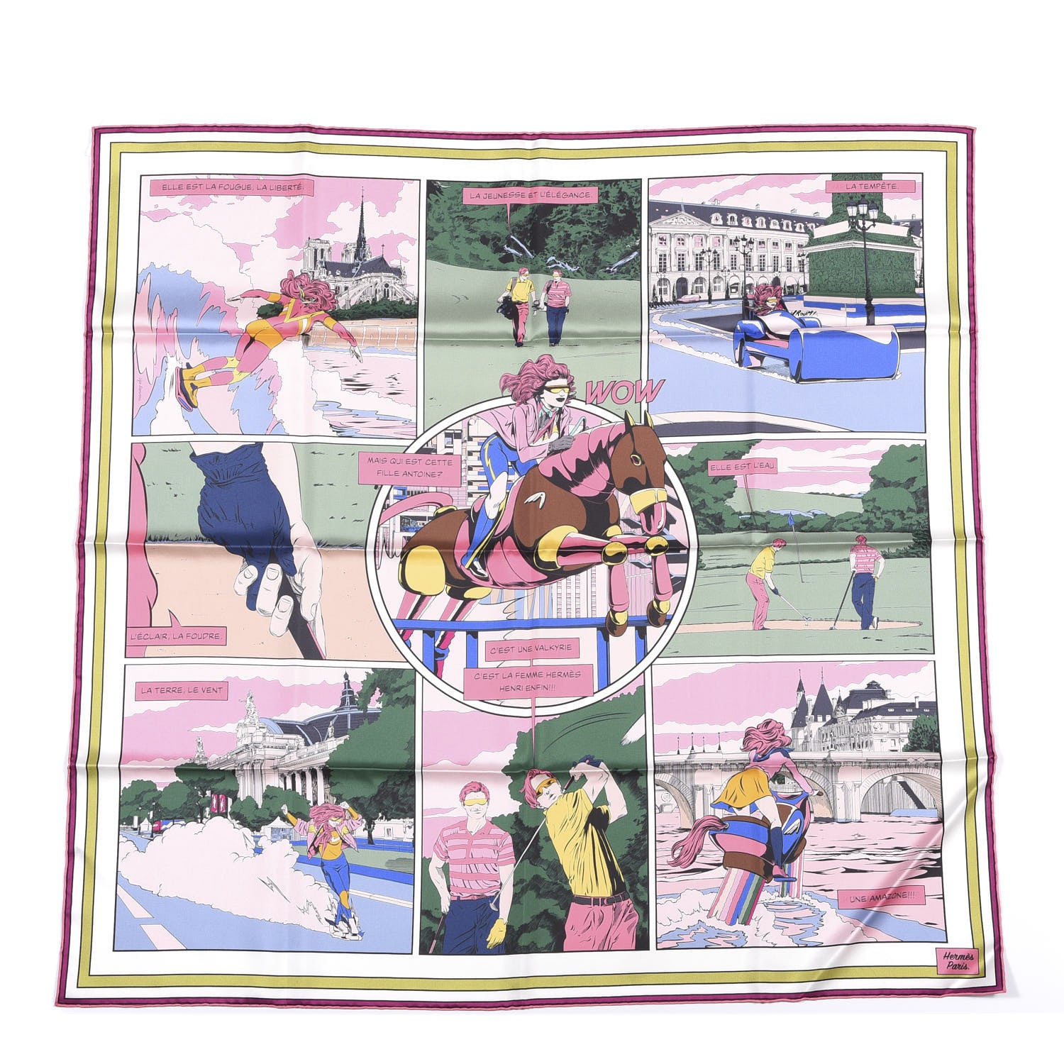 Hermes Silk Carre Wow Double Face Scarf 90 Rose Vert Rose Framboise 1 of 7