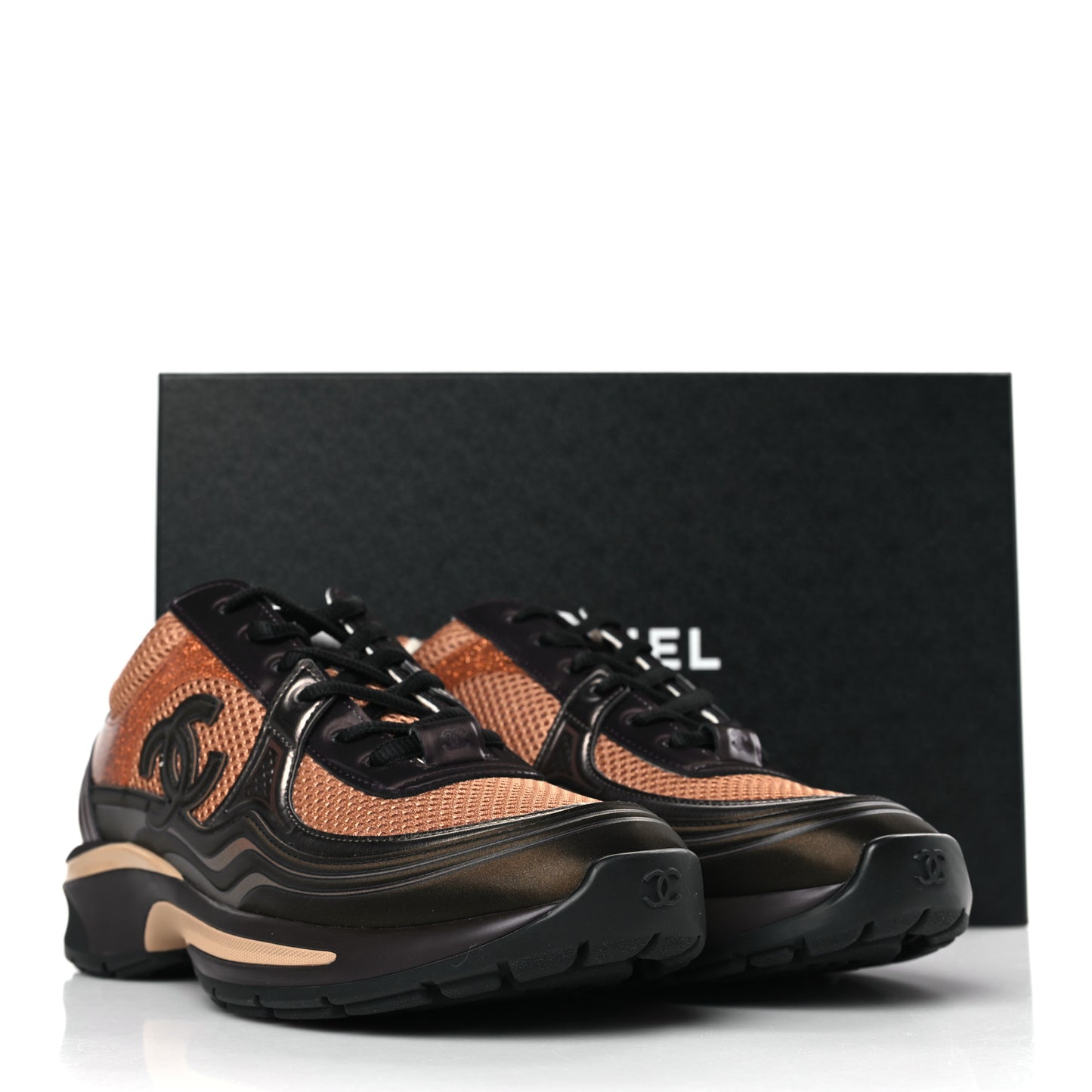 Fabric Laminated Calfskin Stretch CC Womens Sneakers 39 Brown Dark Grey