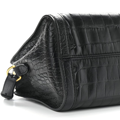 Alexander McQueen Calfskin Crocodile Embossed Small Skull Padlock Zip Around Tote Black 5 of 10