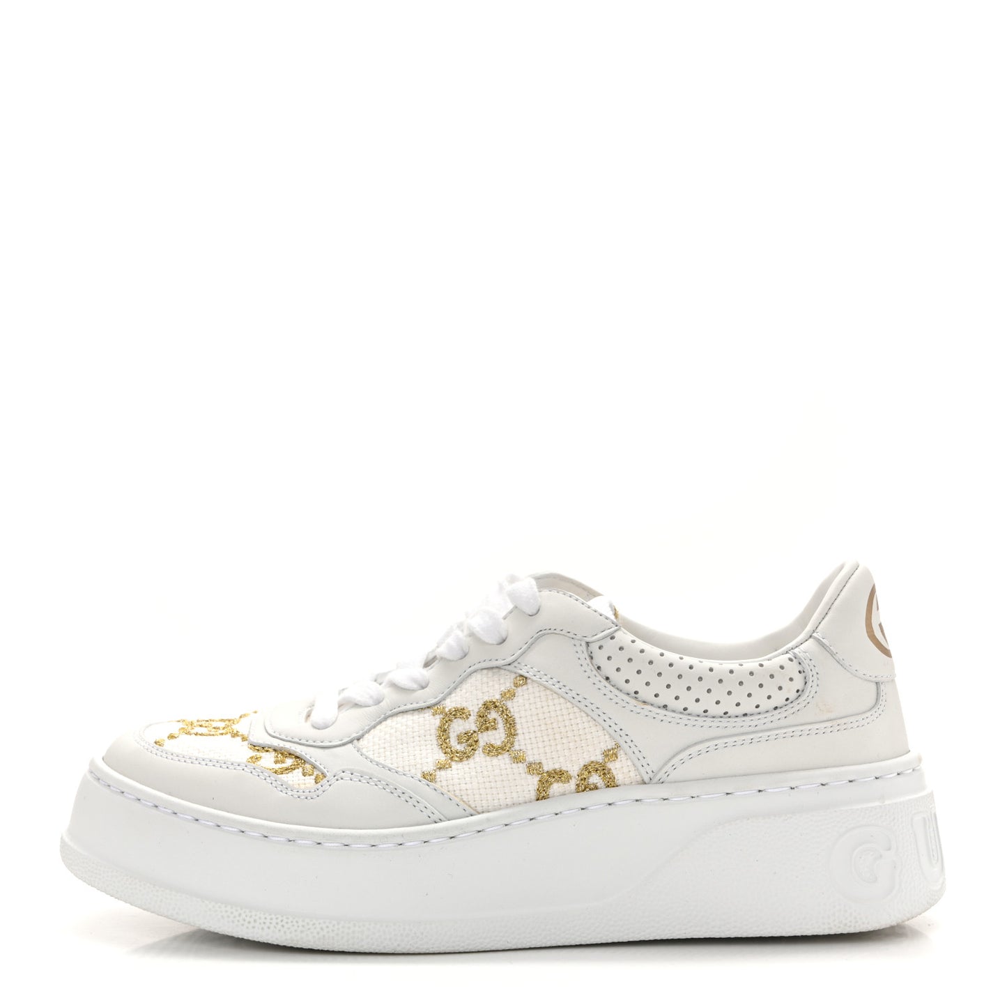 Dali Soft Calfskin GG Tennis Embossed Perforated Womens Platform 55mm Sneakers 37.5 White Gold