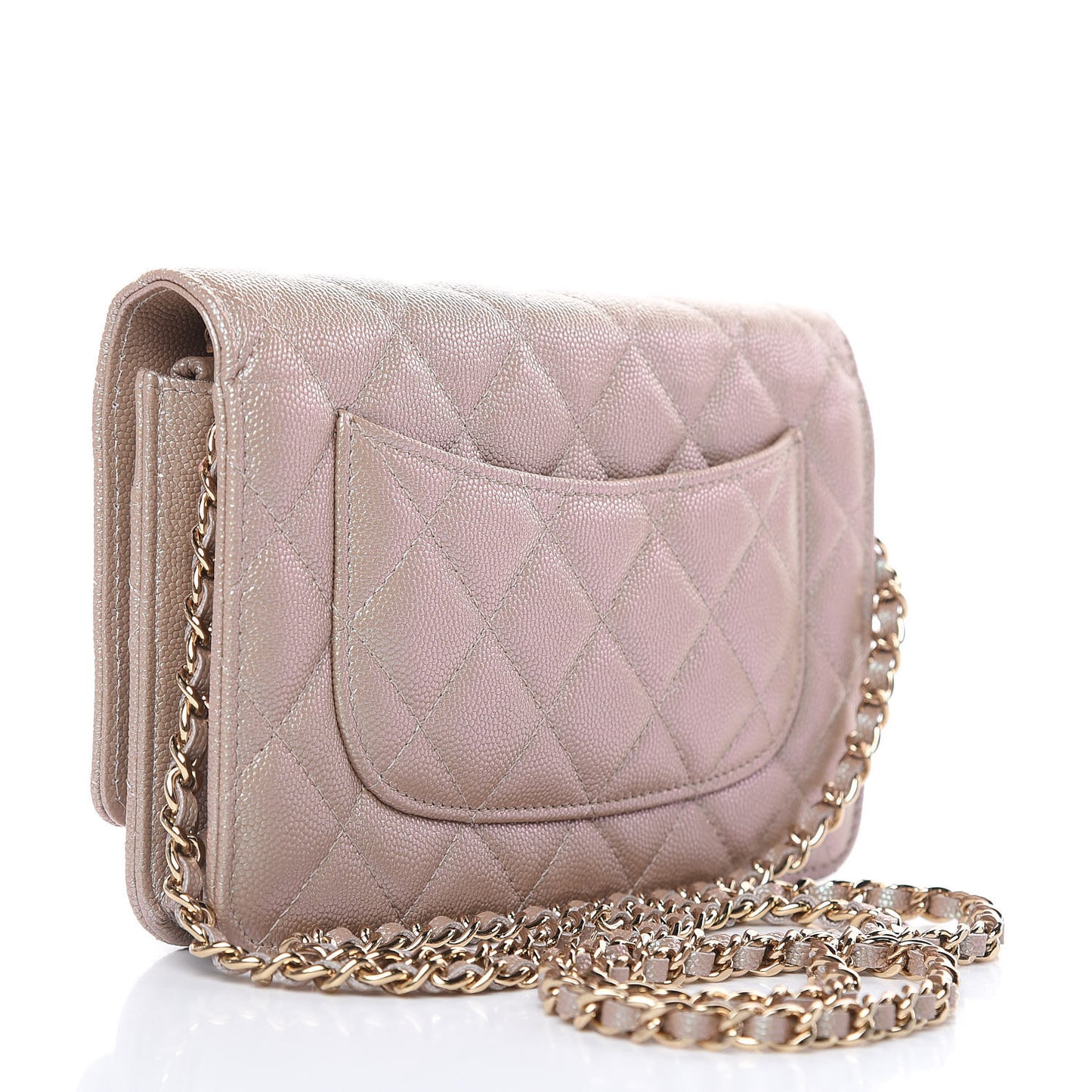 Iridescent Caviar Quilted Wallet On Chain WOC Beige