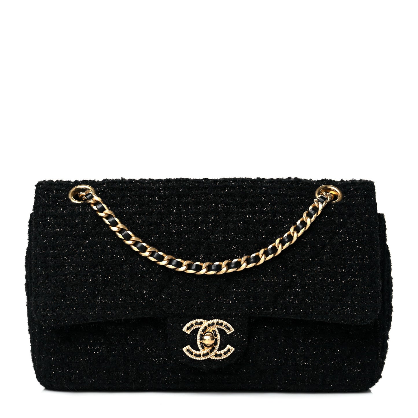 Tweed Quilted Medium Crystal CC Single Flap Black