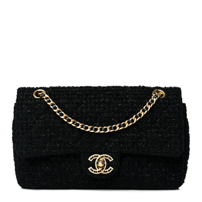 Chanel Tweed Quilted Medium Crystal CC Single Flap Black 1 of 9