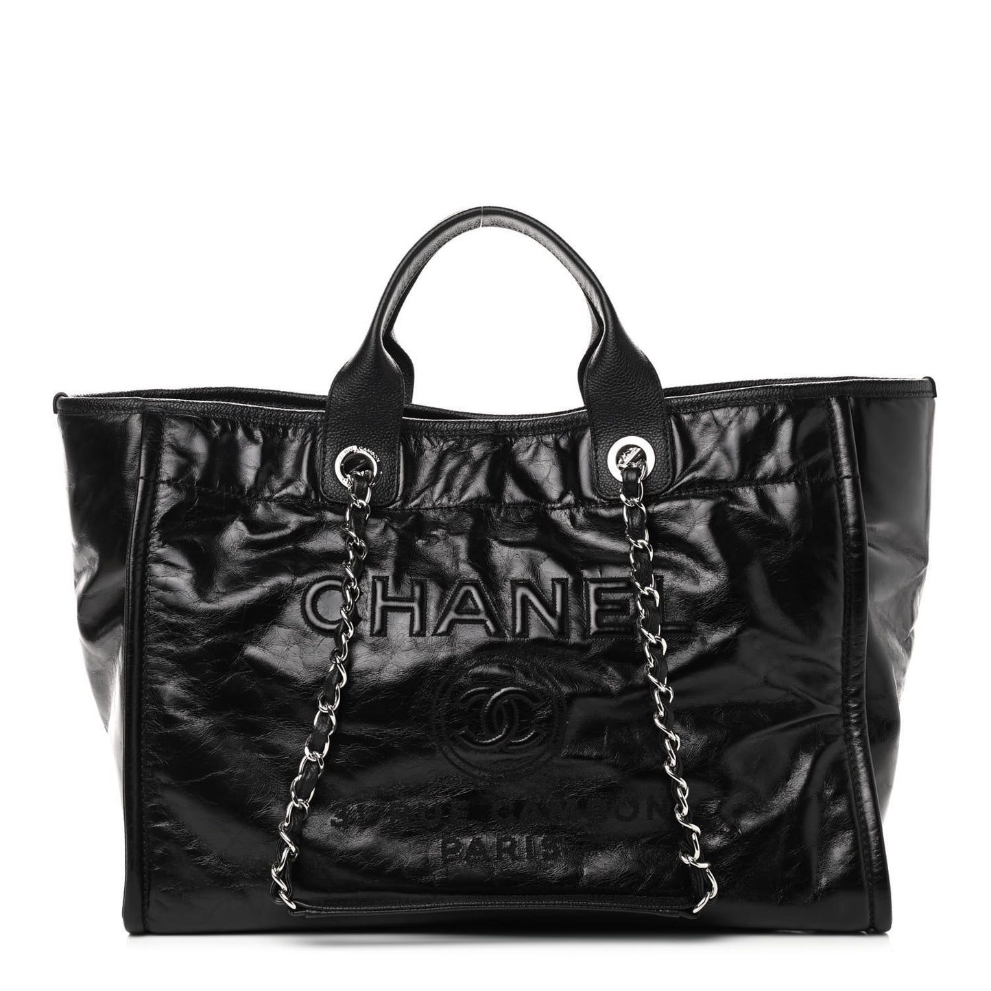 Glazed Calfskin Large Deauville Tote Black