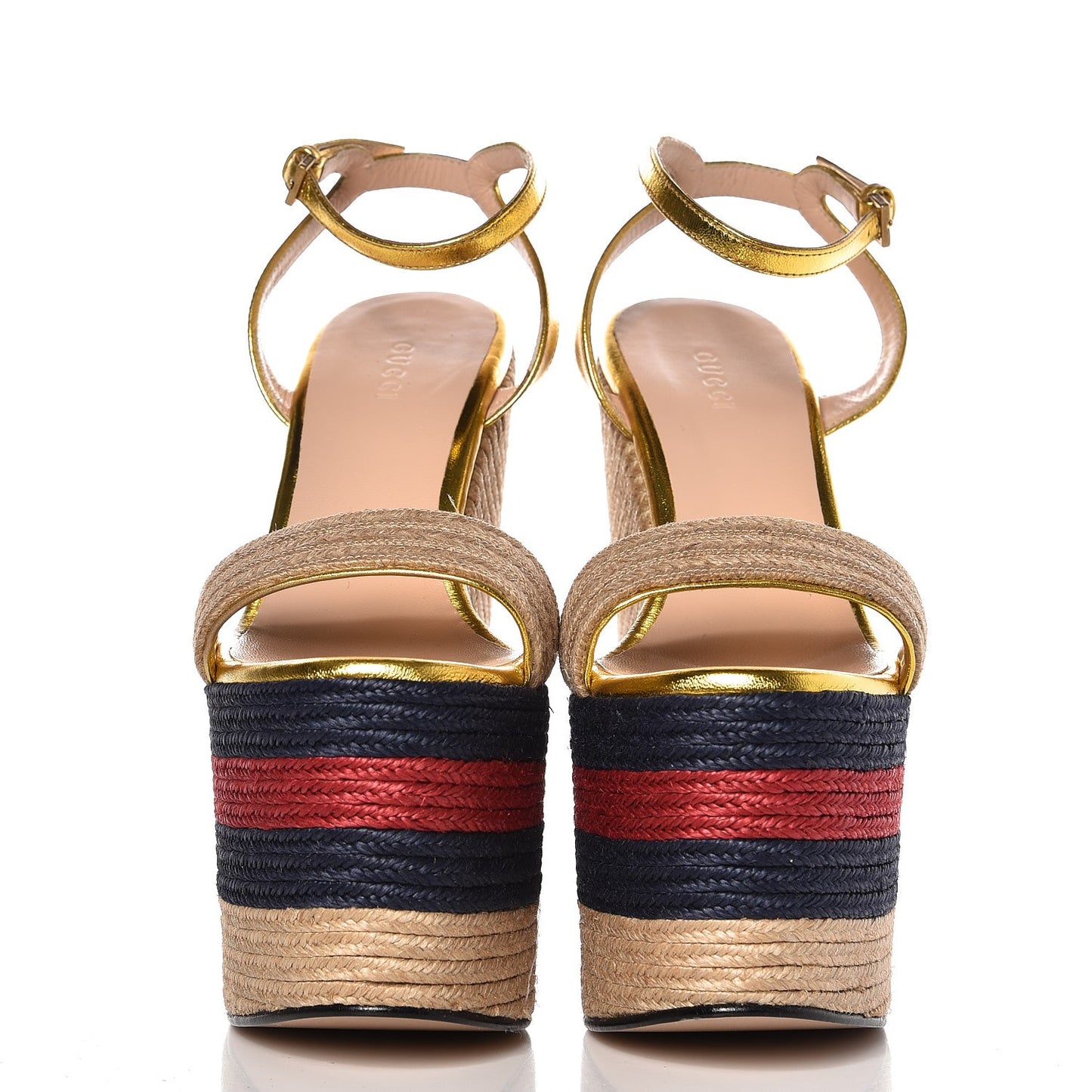 Raffia Metallic Calfskin Web Espadrille Platform Wedge Sandals 36 Gold