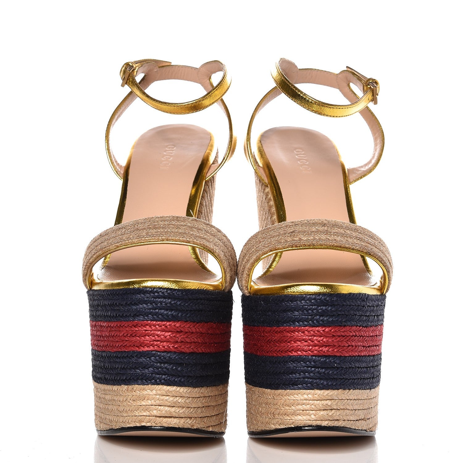 Gucci Raffia Metallic Calfskin Web Espadrille Platform Wedge Sandals 36 Gold 3 of 8