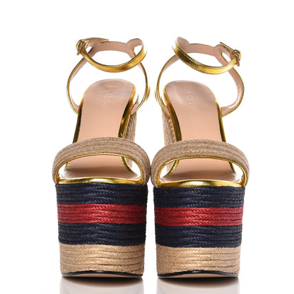 Gucci Raffia Metallic Calfskin Web Espadrille Platform Wedge Sandals 36 Gold 3 of 8