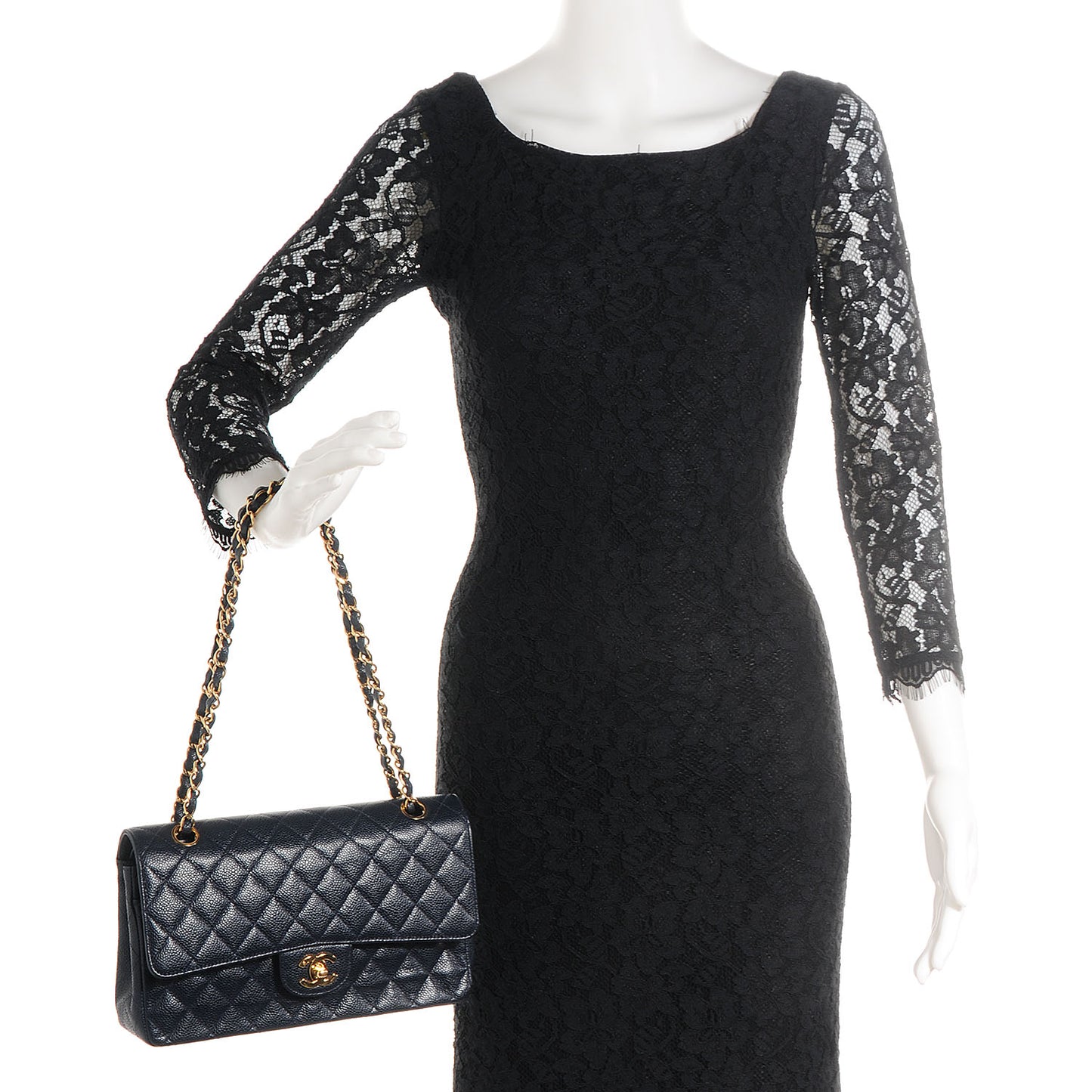 Caviar Medium Double Flap Navy Blue