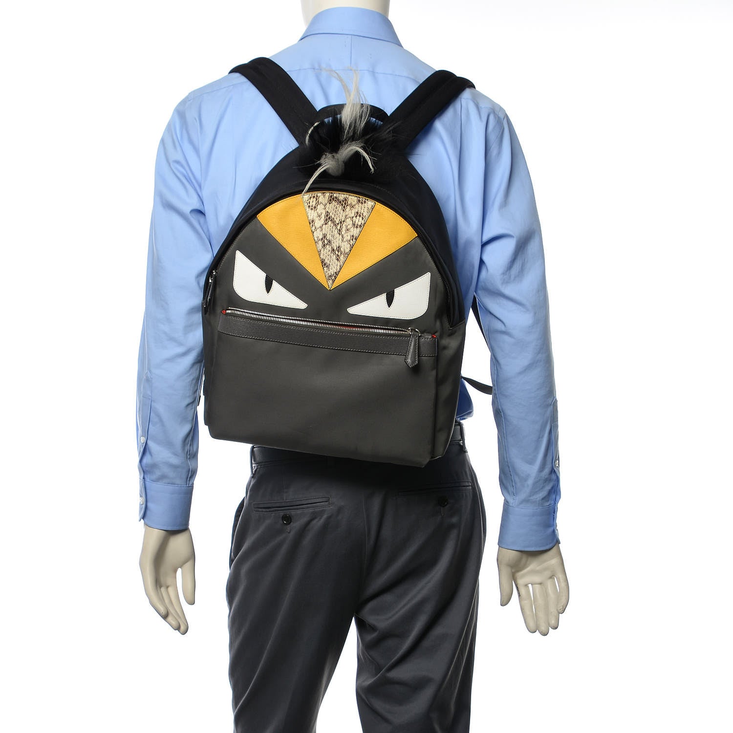 Fendi Nylon Vitello Elite Elaphe Fox Goat Fur Monster Eyes Bi-Color Standard Backpack Mud Black White Yellow 2 of 9