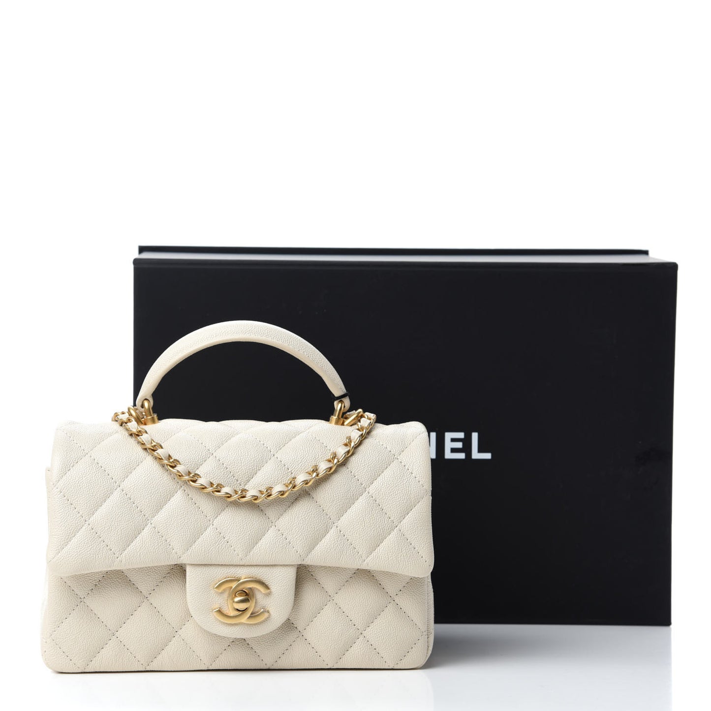 Caviar Quilted Mini Top Handle Rectangular Flap Beige
