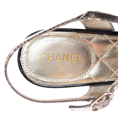 Chanel Metallic Crackled Calfskin Pearl CC Wedge Sandals 41 Gold Black 6 of 12
