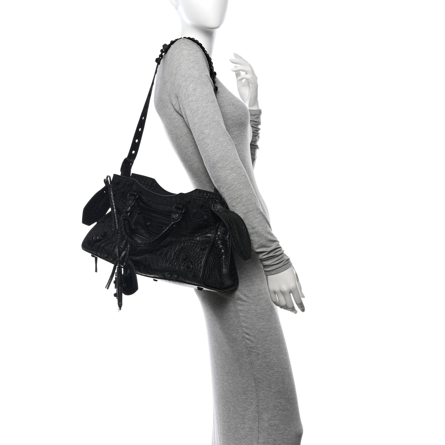 Semi Shiny Calfskin Crocodile Embossed Neo Cagole Black Hardware City Handbag Black