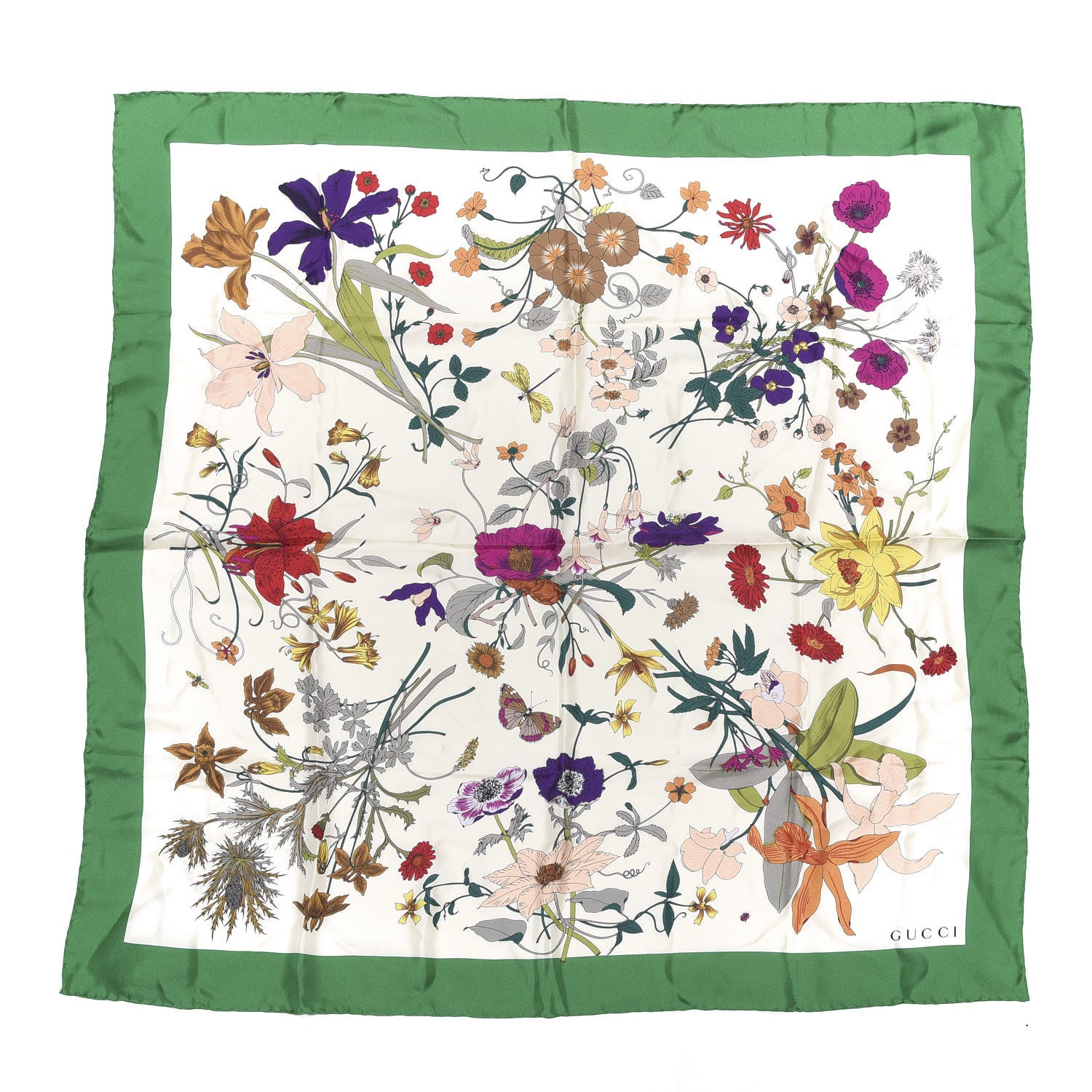 Gucci Silk Flora Gothic Square Scarf Ivory Dark Green 1 of 3