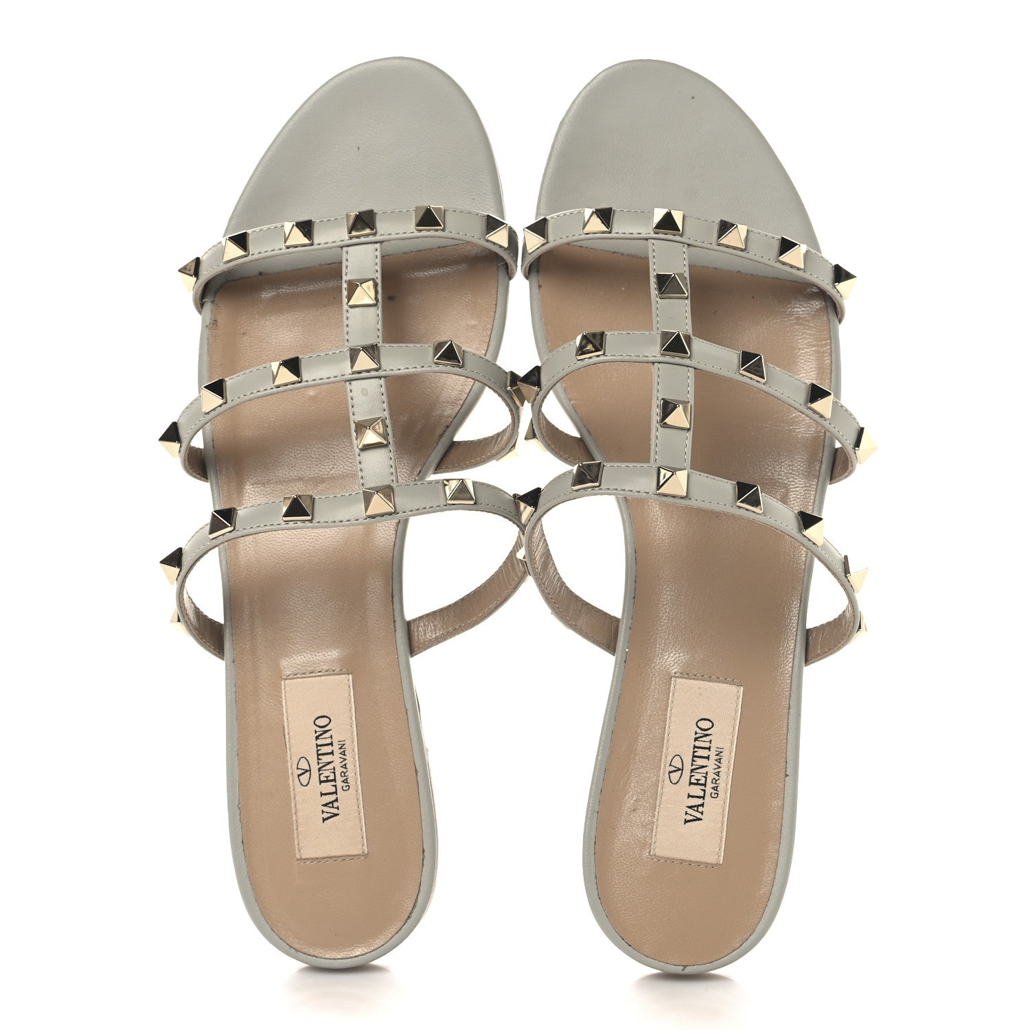 Valentino Garavani Nappa Rockstud Caged Flat Slide Sandals 38 Grey