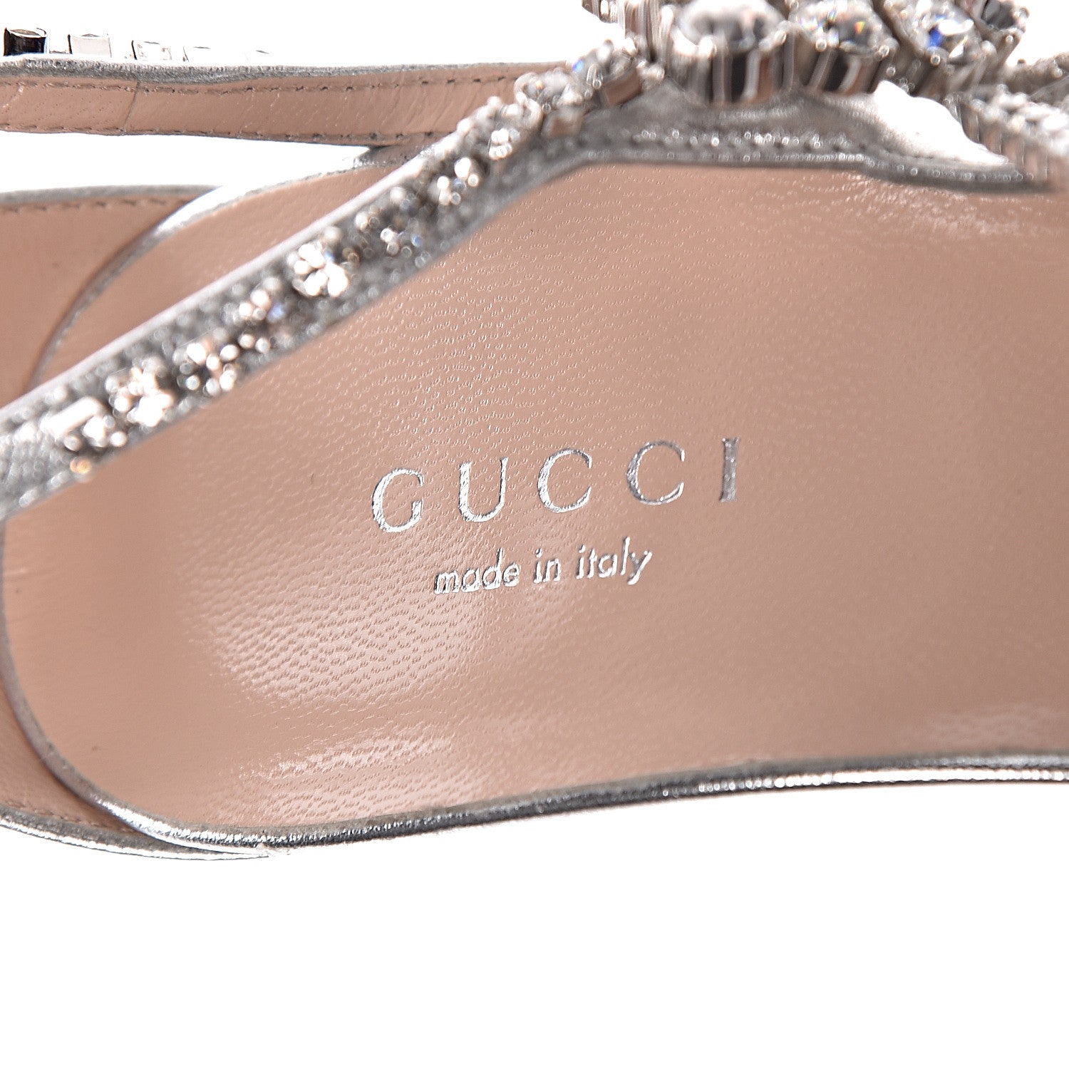 Gucci Metallic Nappa Crystal Crawford Strap High Heel Sandals 38.5 Silver 6 of 12