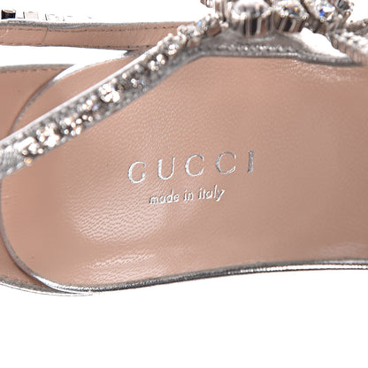 Gucci Metallic Nappa Crystal Crawford Strap High Heel Sandals 38.5 Silver 6 of 12