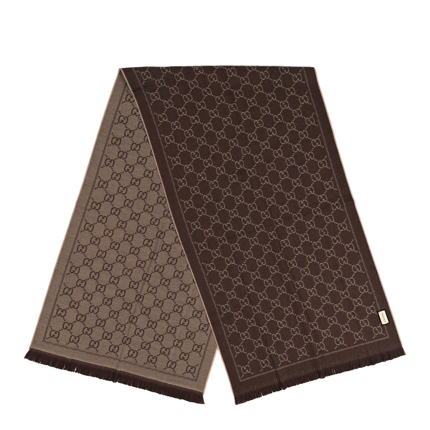 Gucci Wool Jacquard GG Monogram Sten Fringe Scarf Light Brown Dark Brown 2 of 4