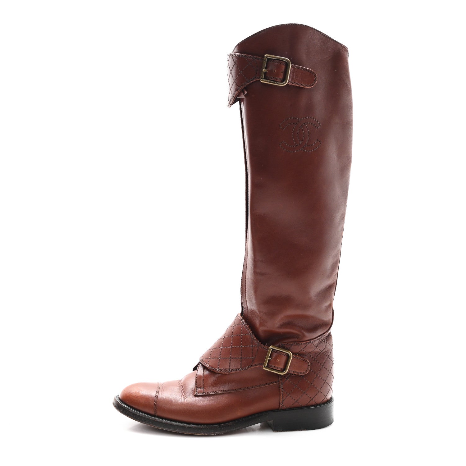 Chanel Calfskin Stitched CC Knee High Buckle Riding Boots 37.5 Brown 1 of 11