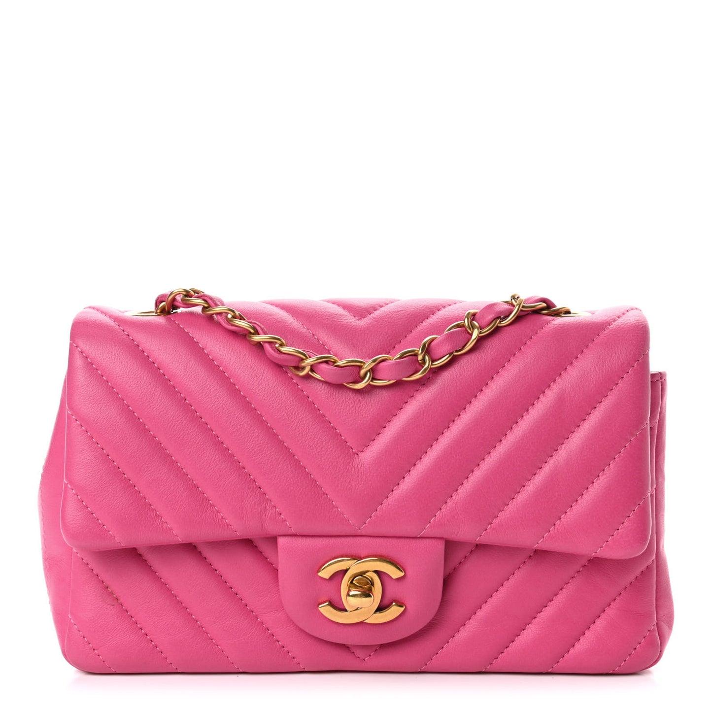 Lambskin Chevron Quilted Mini Rectangular Flap Dark Pink