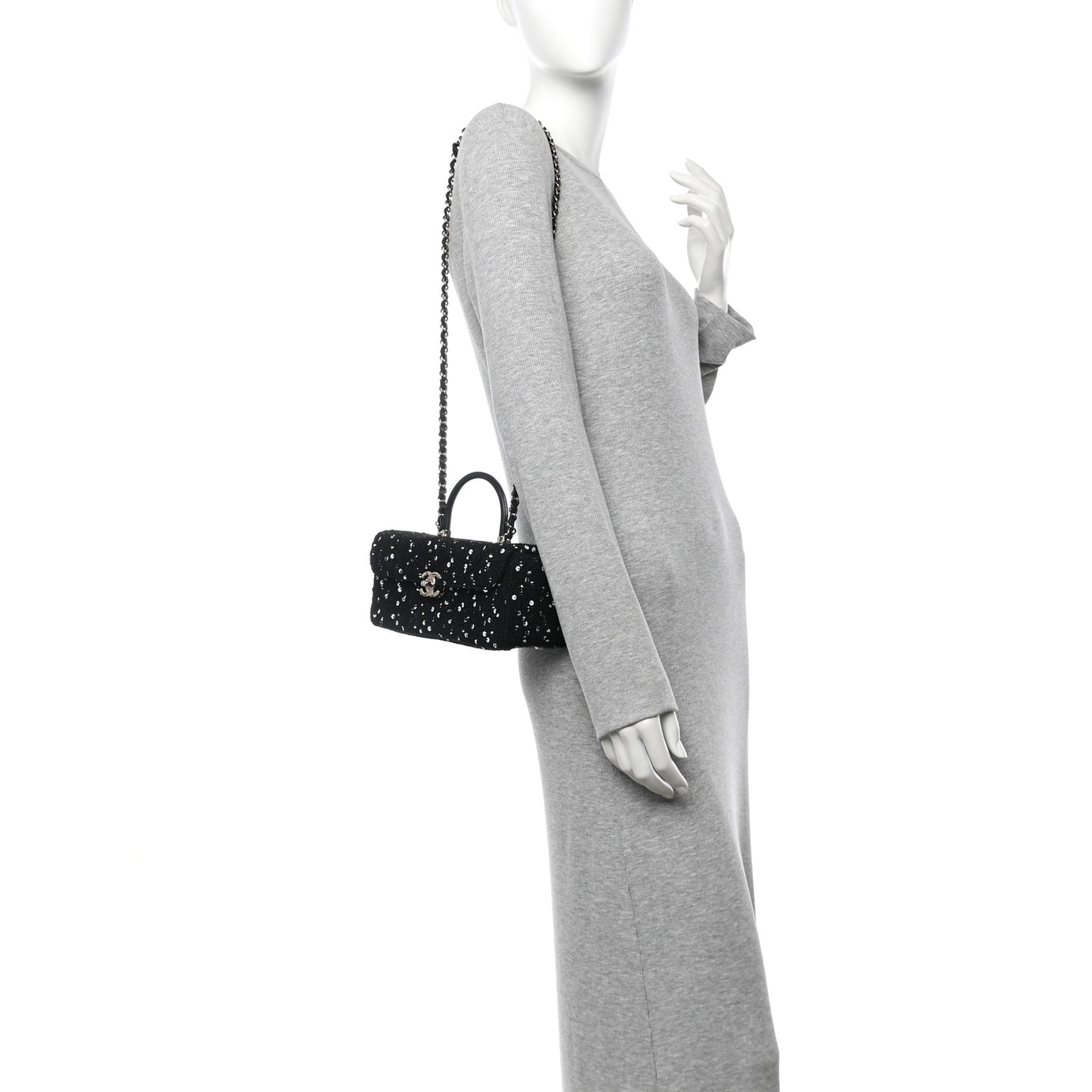 Tweed Sequin Quilted Top Handle Box Bag Black