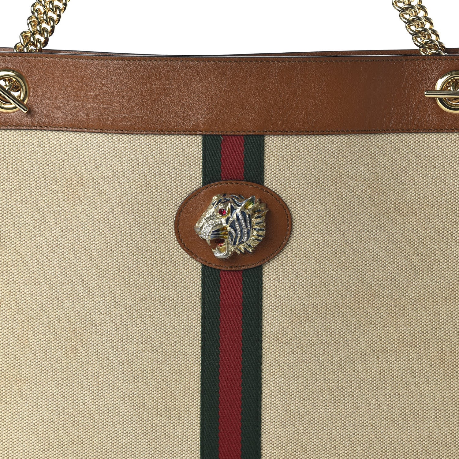 Gucci Vintage Canvas Calfskin Web Large Rajah Chain Tote Sand Light Cuir 10 of 10