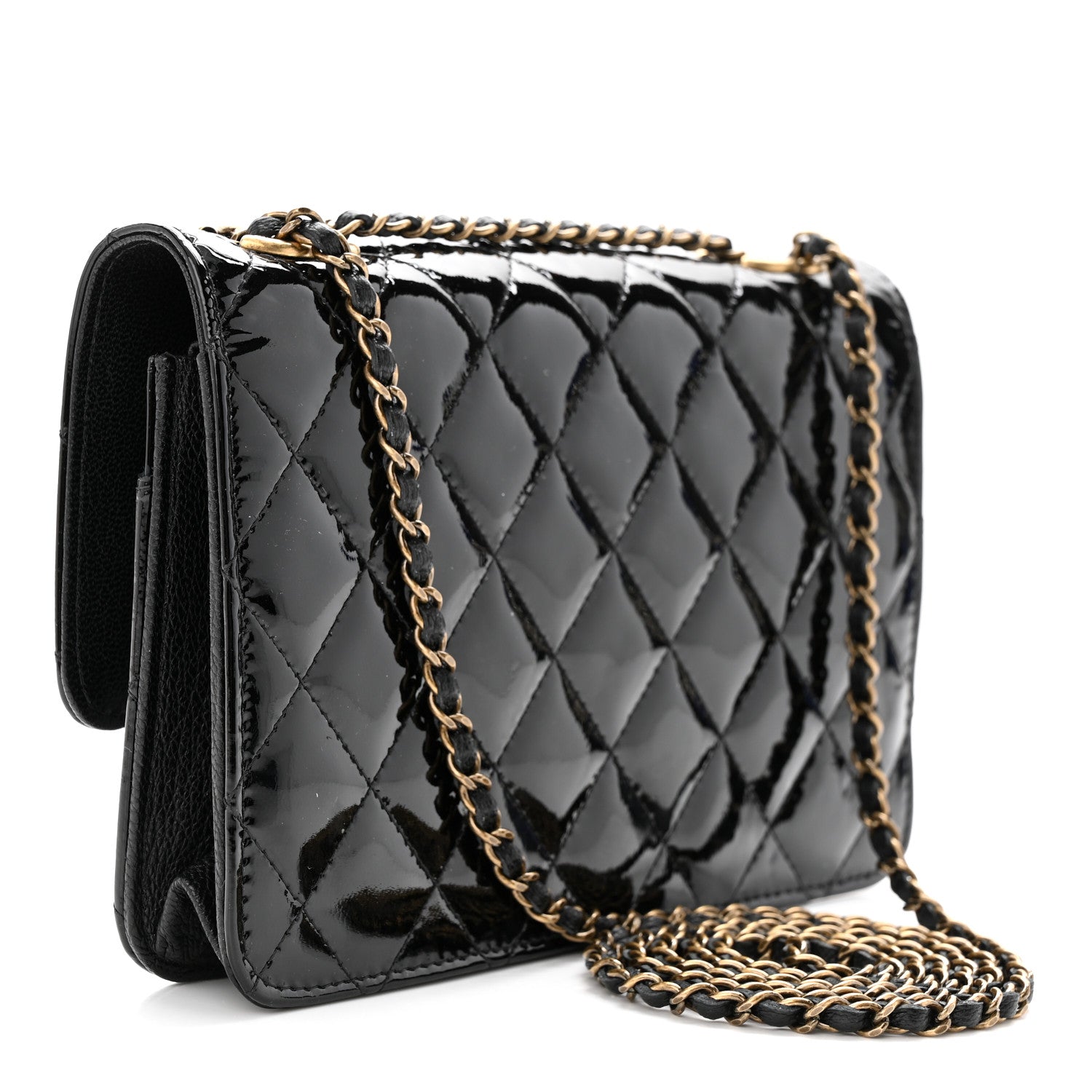 Chanel Patent Goatskin Quilted CC Eyelet Wallet On Chain WOC Black 3 of 11