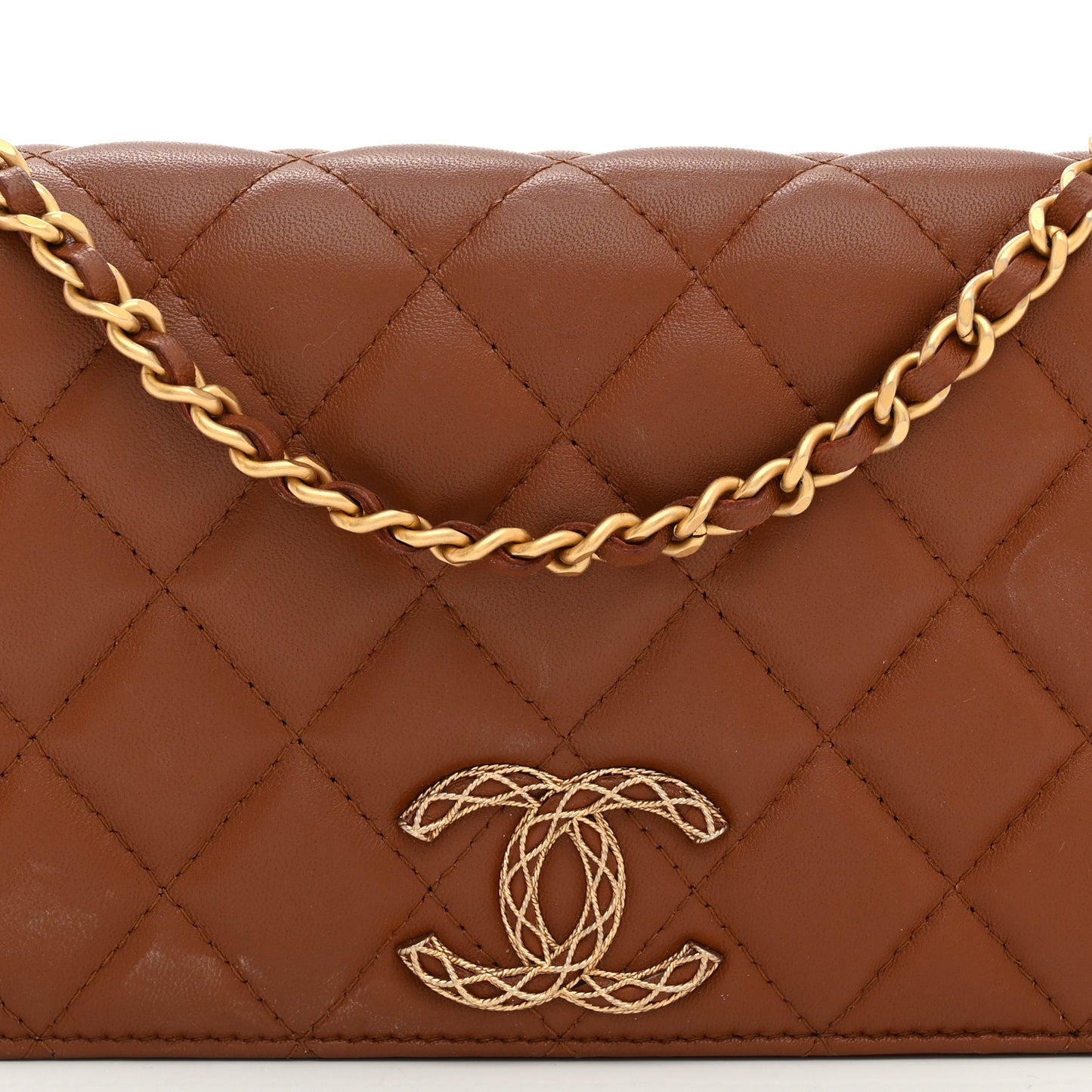Lambskin Quilted Clutch With Chain Brown