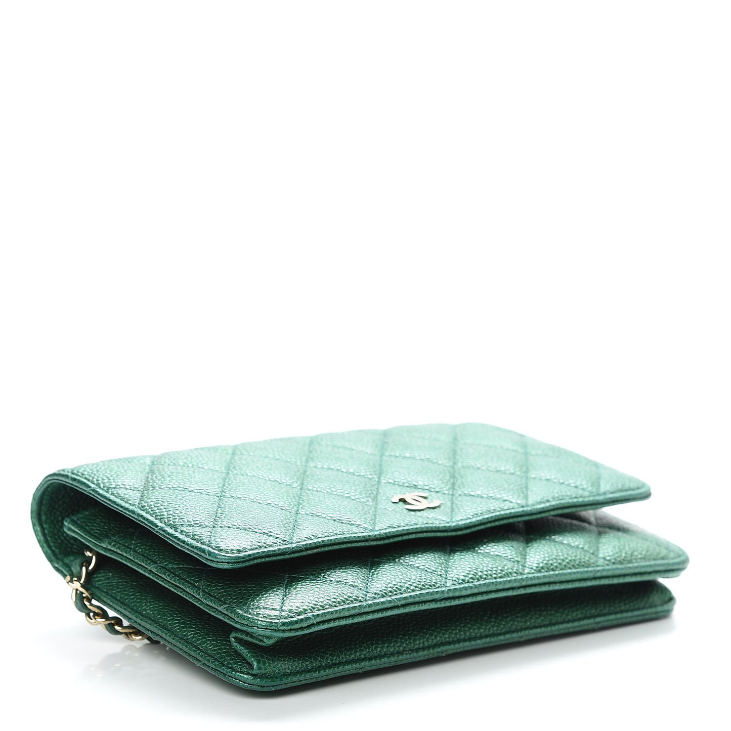 Metallic Caviar Quilted Wallet On Chain WOC Green