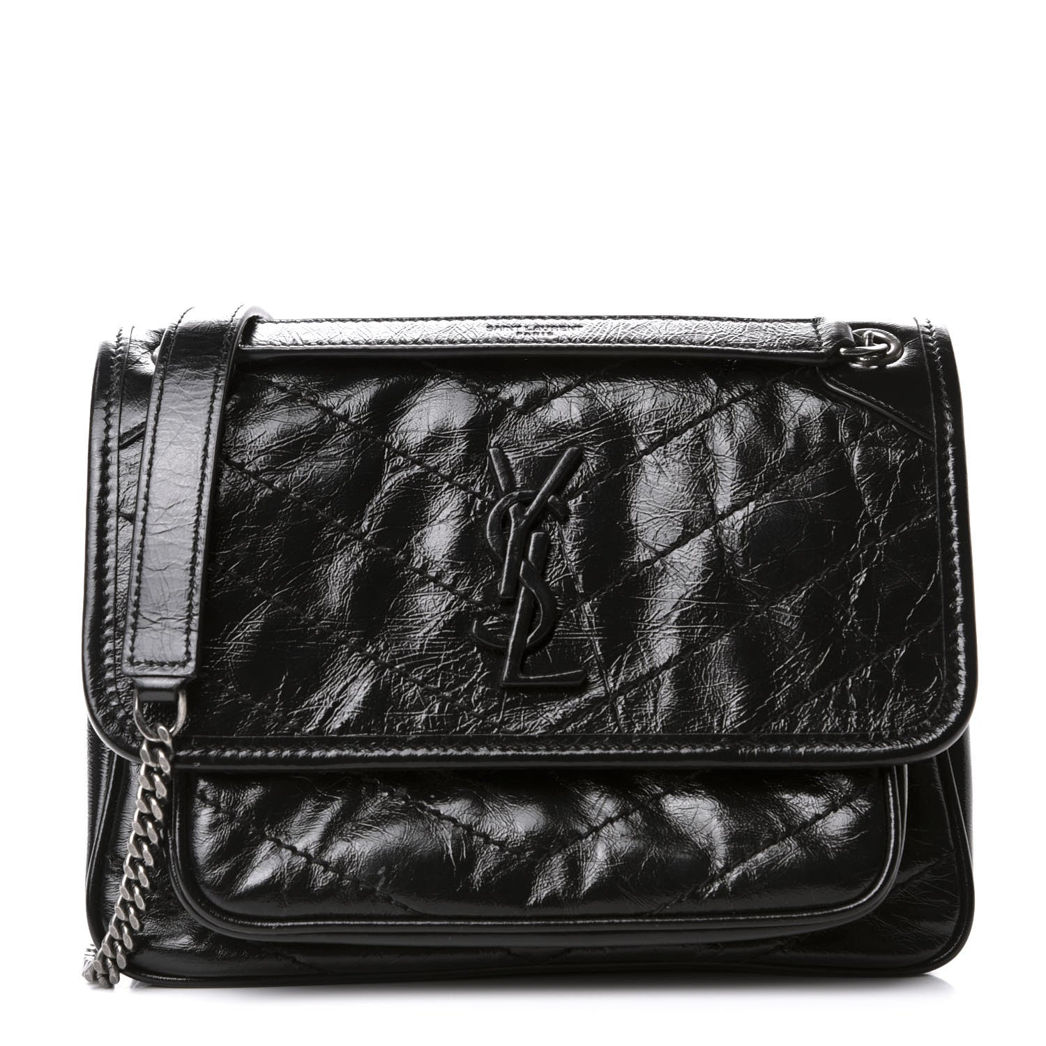 Saint Laurent Crinkled Calfskin Matelasse Monogram Baby Niki Chain Satchel Black 1 of 15