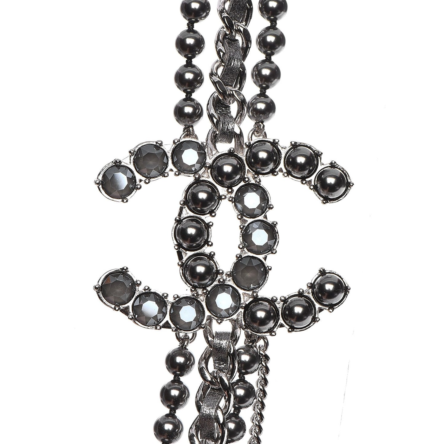 Pearl Chain Strass CC Long Multistrand Necklace Dark Grey