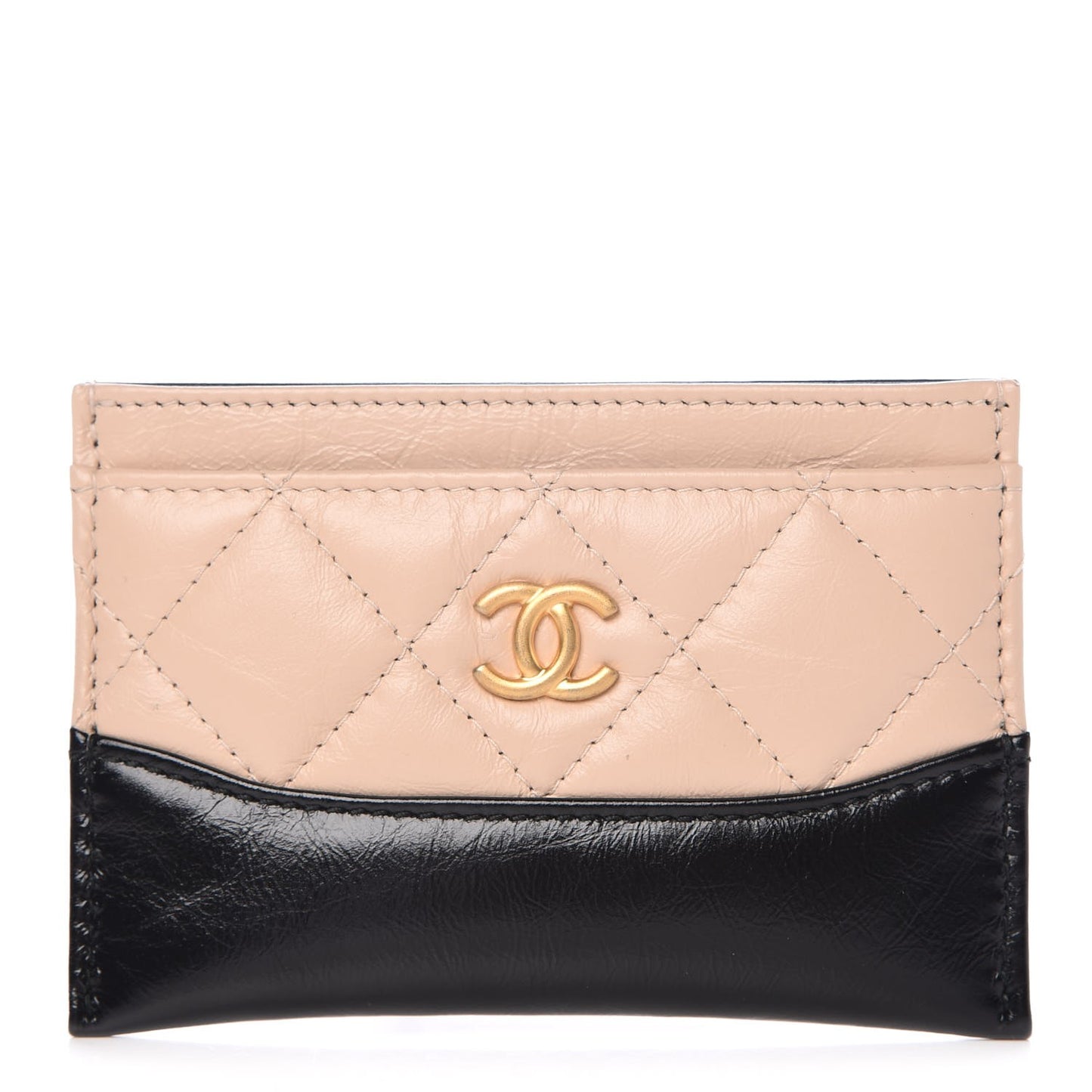 Aged Calfskin Quilted Gabrielle Card Holder Wallet Beige Black