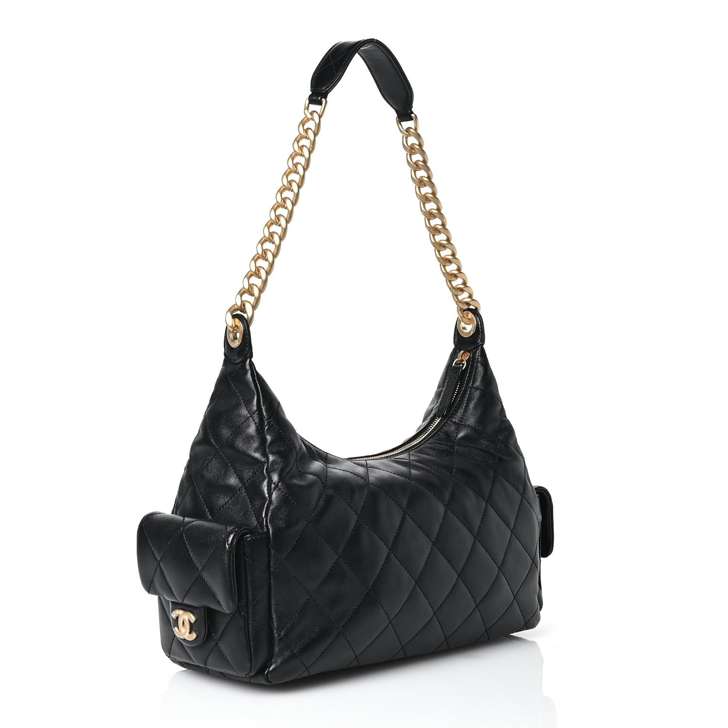 Shiny Lambskin Quilted Trendy Pockets Hobo Black
