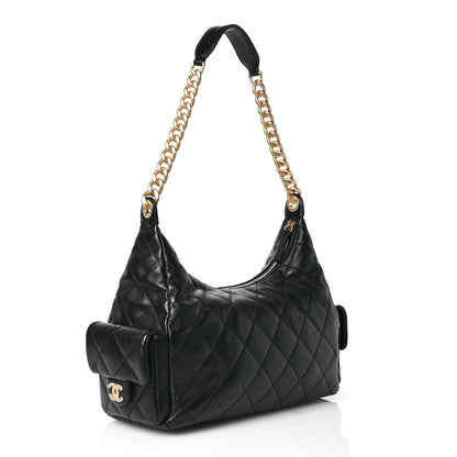 Chanel Shiny Lambskin Quilted Trendy Pockets Hobo Black 3 of 12