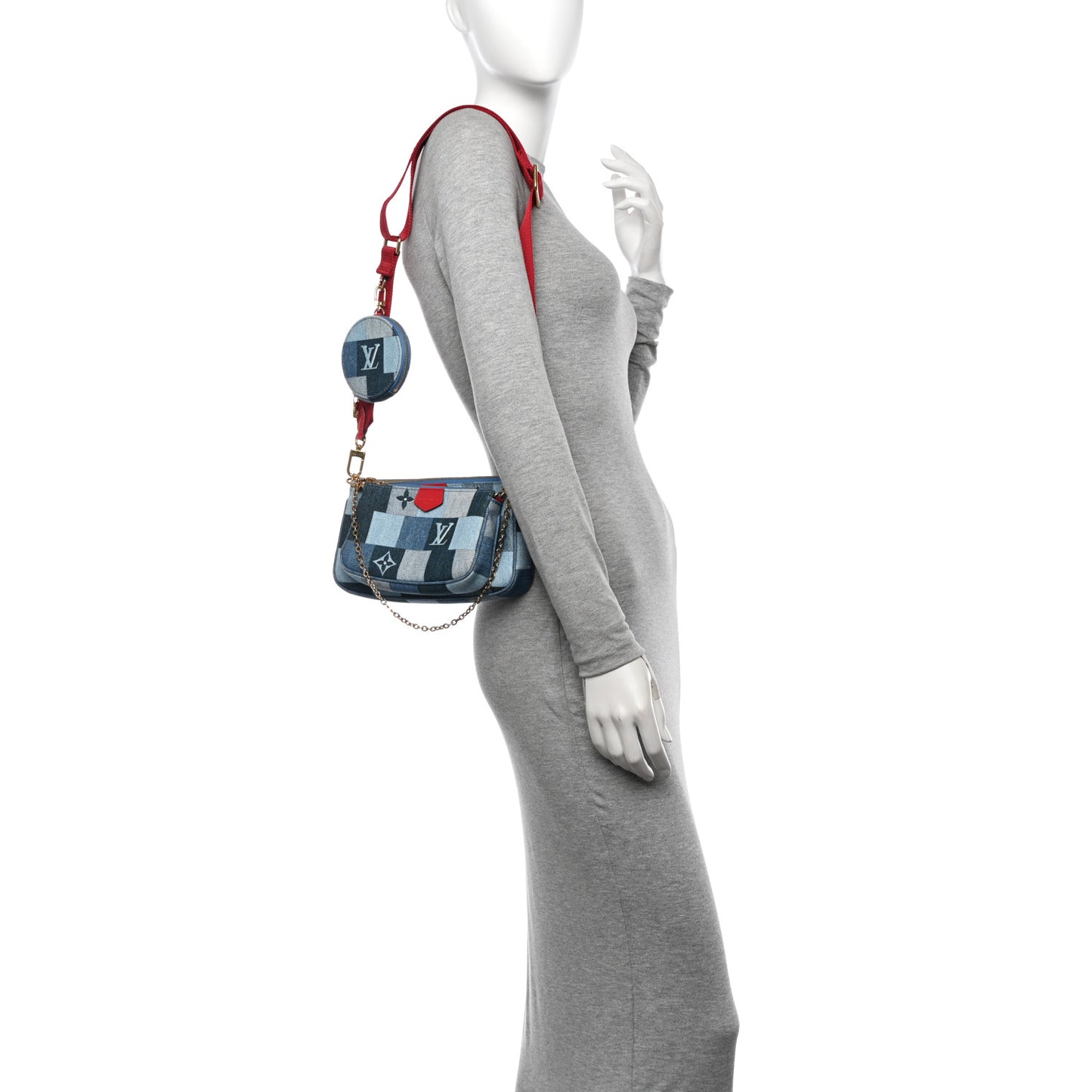 Denim Damier Monogram Patchwork Multi Pochette Accessories Blue Rouge