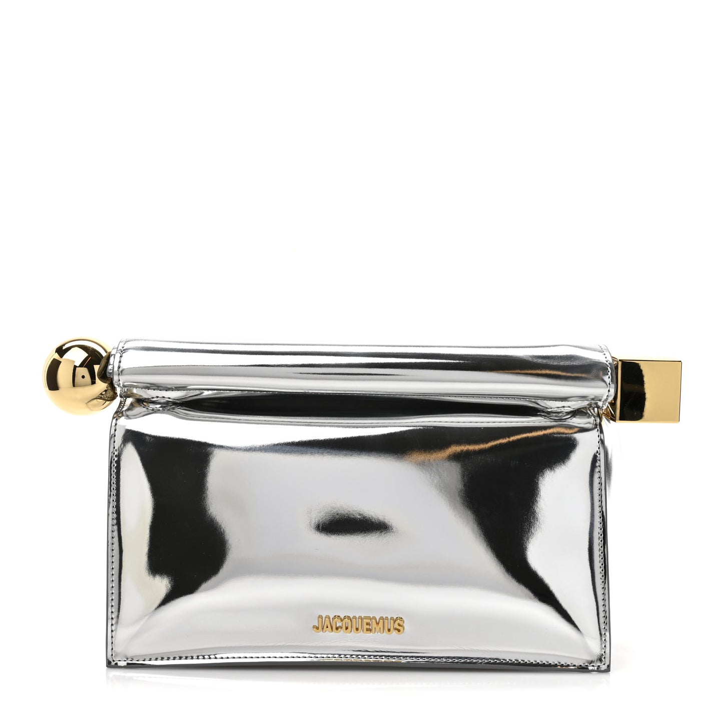 Metallic Patent Calfskin La Pochette Rond Carre Silver