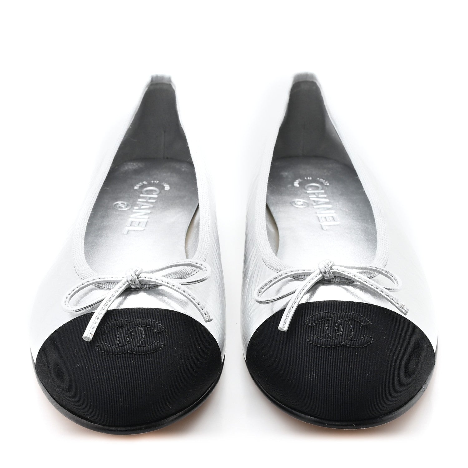 Chanel Laminated Crumpled Lambskin Grosgrain Cap Toe CC Ballerina Flats 41 Silver Black 3 of 11