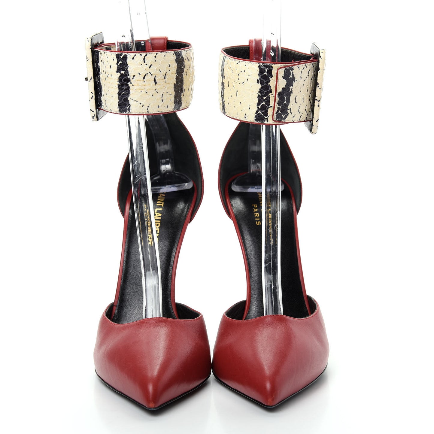 Calfskin Snakeskin Ankle Strap Pumps 38.5 Red Cream
