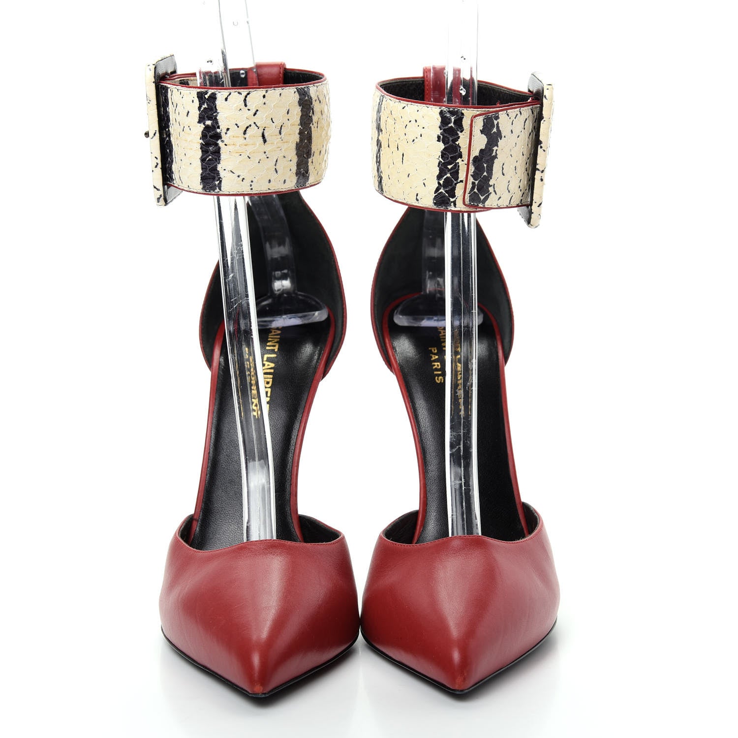 Saint Laurent Calfskin Snakeskin Ankle Strap Pumps 38.5 Red Cream 2 of 12