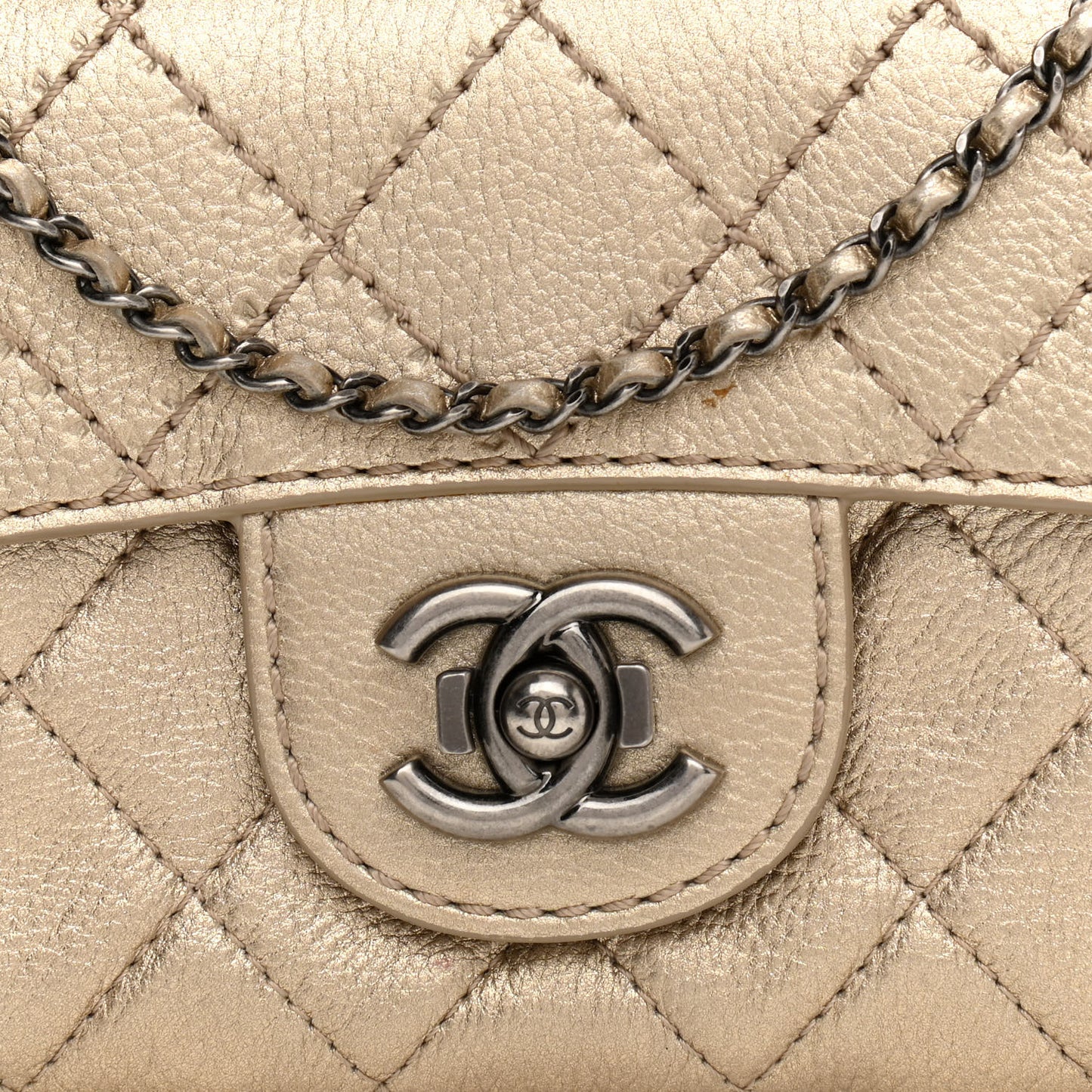 Metallic Calfskin Quilted Flap Clutch With Chain Light Gold