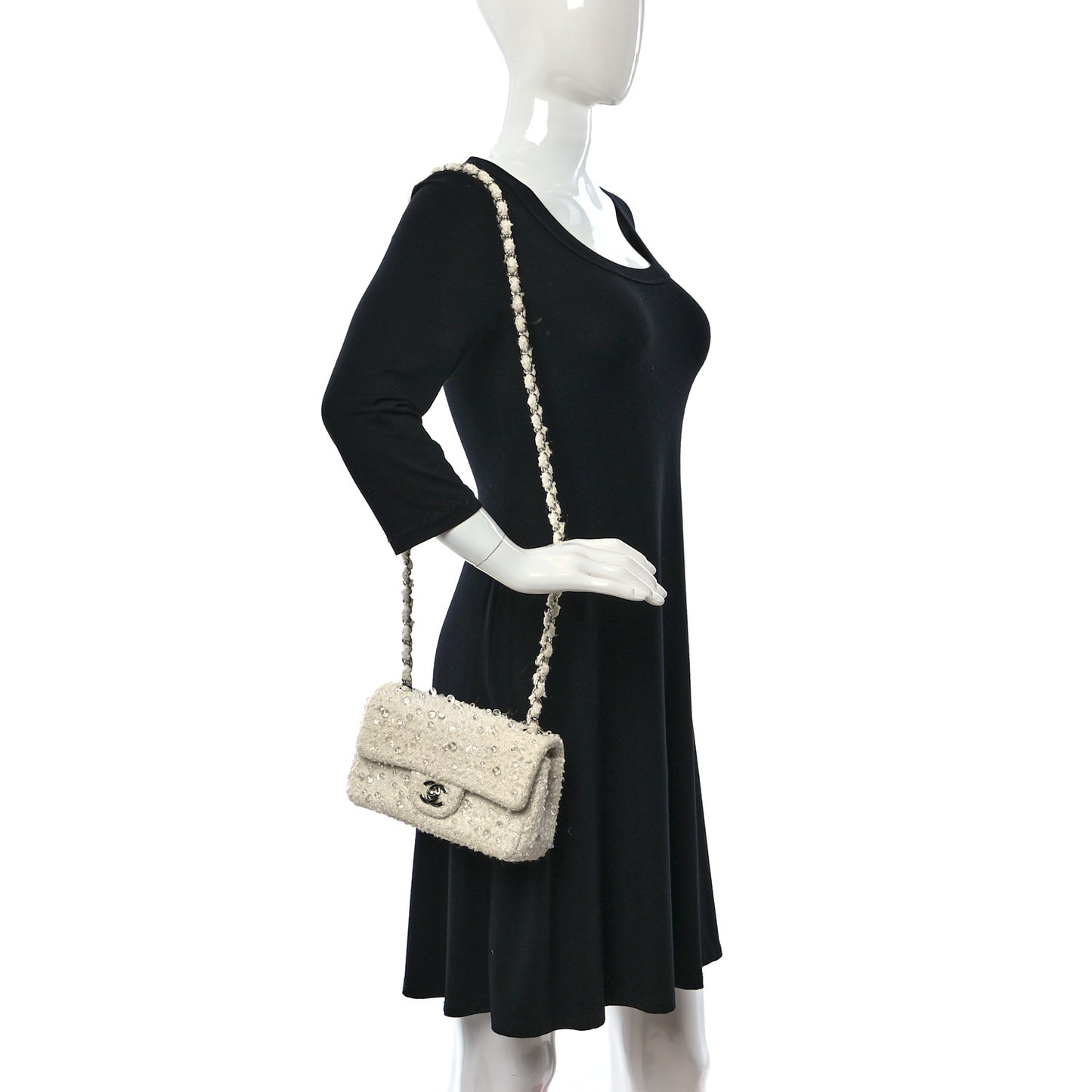 Tweed Beaded Mini Rectangular Flap White