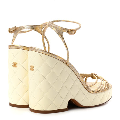 Chanel Metallic Lambskin Quilted Wedge Sandals 36.5 Light Beige Gold 4 of 6