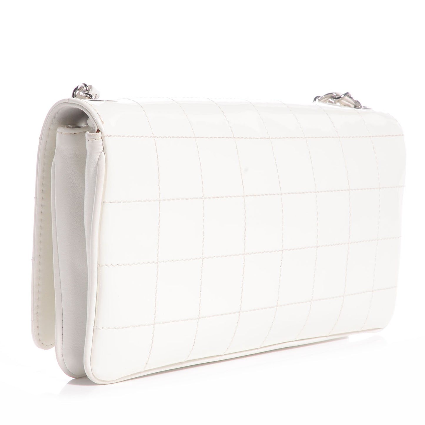 Patent Square Stitched CC Flap Clutch White