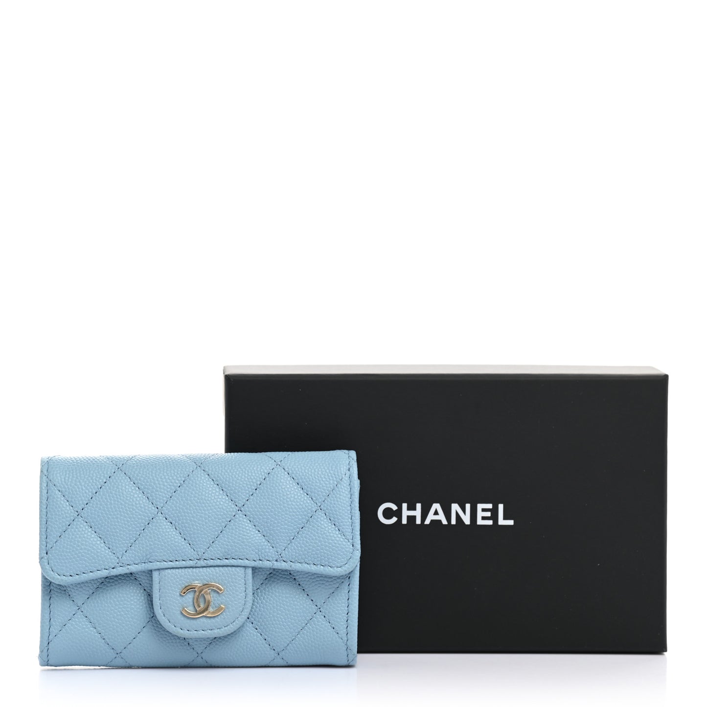 Caviar Quilted Flap Card Holder Wallet Light Blue