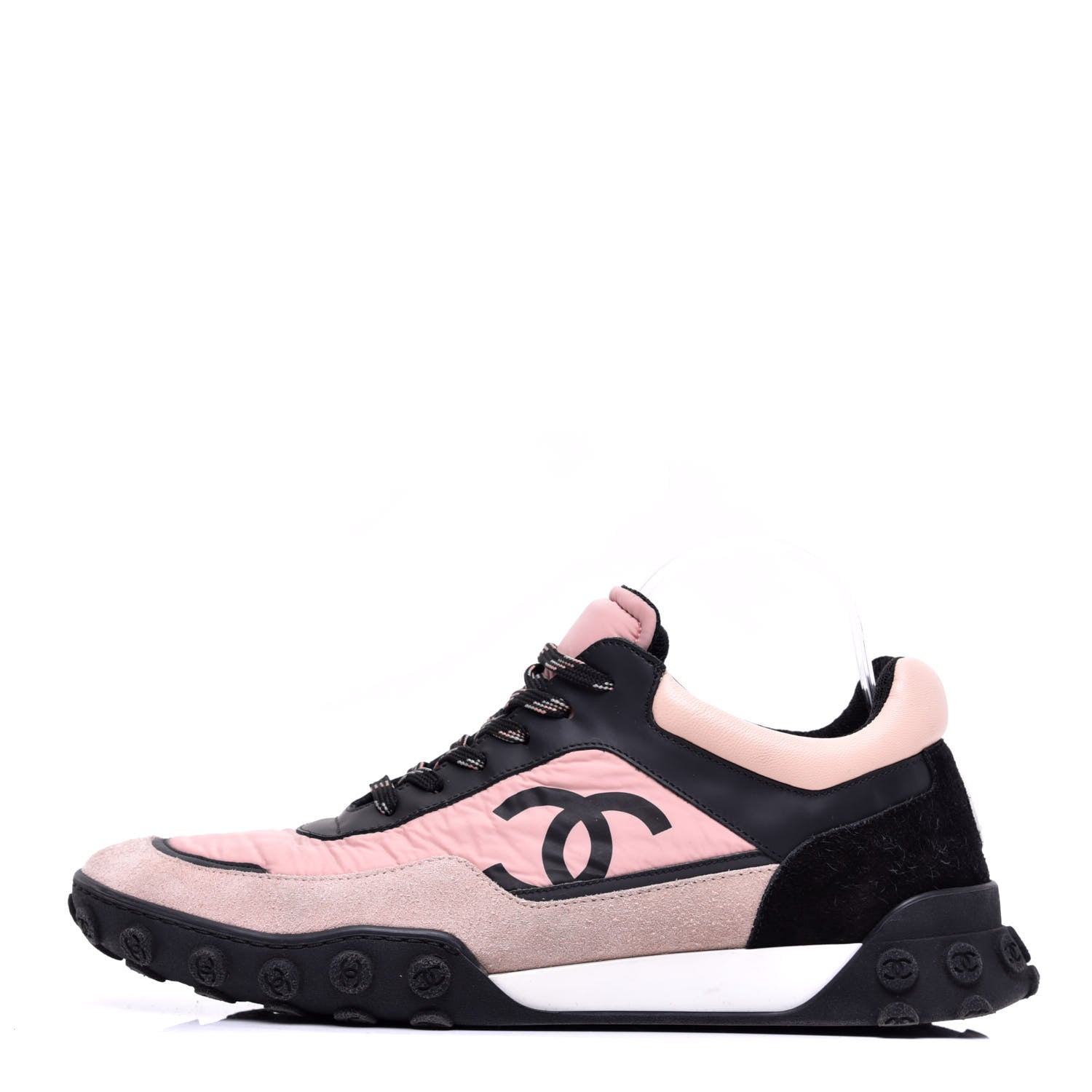 Chanel Nylon Calfskin Suede CC Womens Sneakers 42 Pink Black 1 of 18
