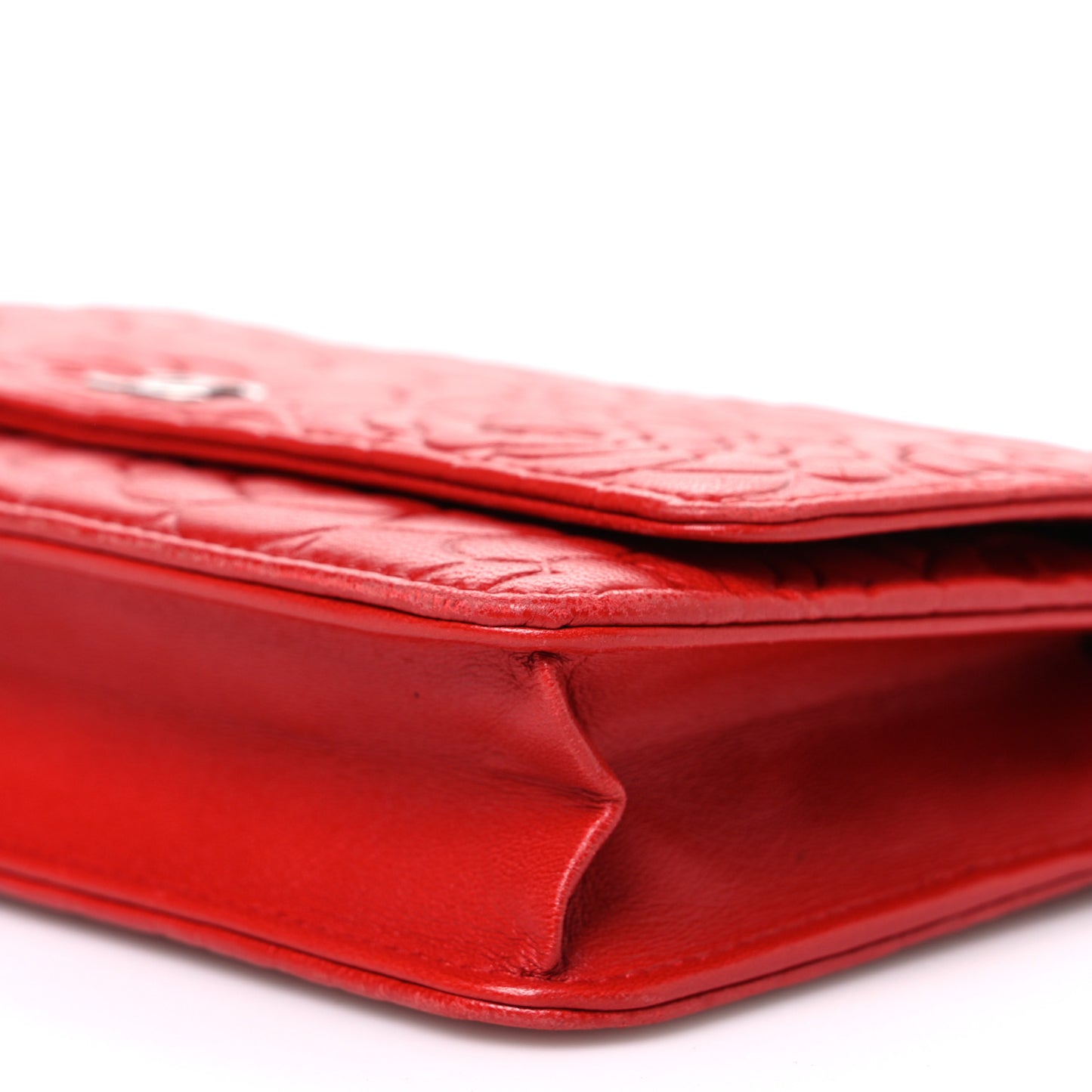 Lambskin Camellia Embossed Wallet on Chain WOC Red