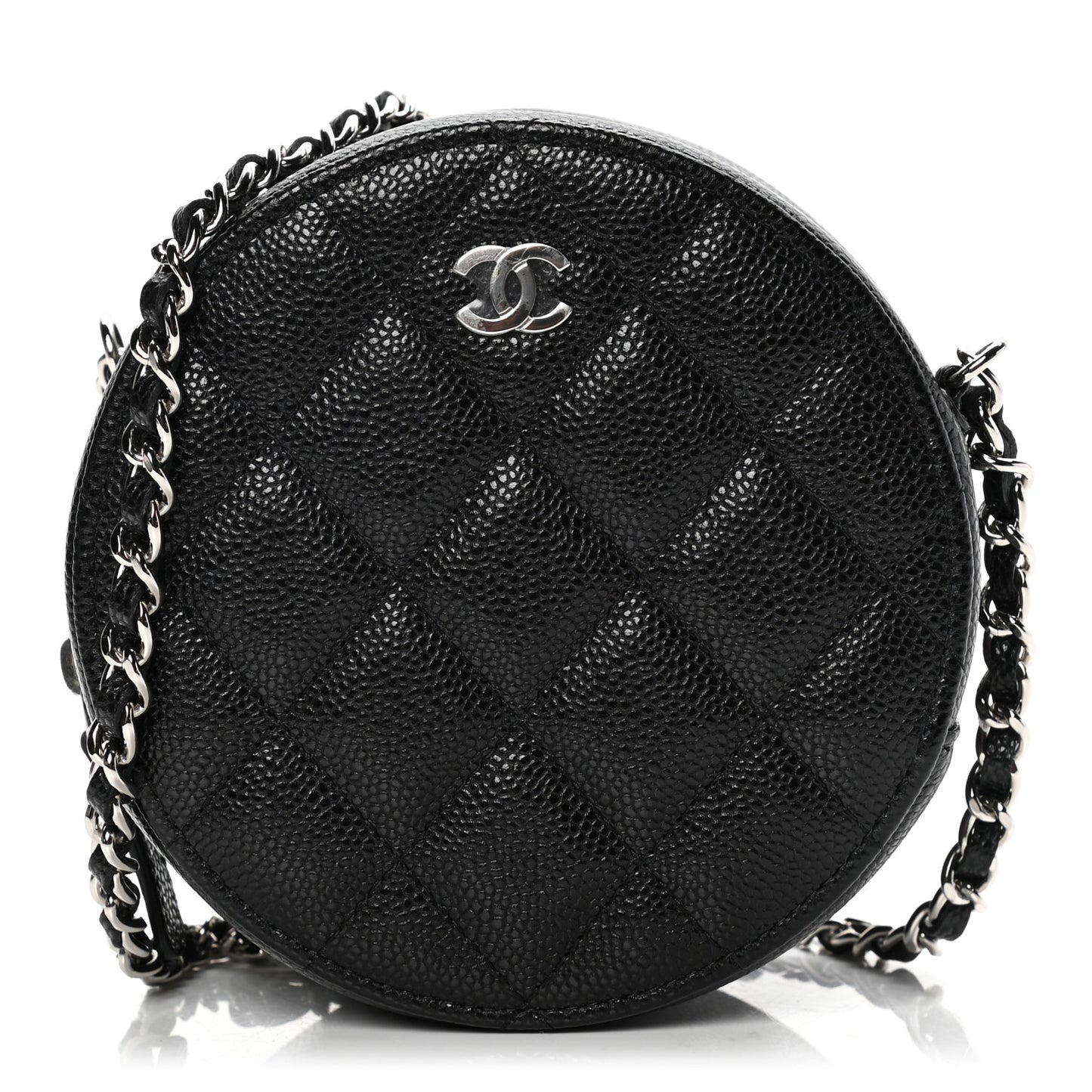 Caviar Quilted Round Clutch With Chain Black