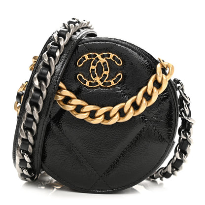 Chanel Shiny Crumpled Calfskin Quilted Chanel 19 Round Clutch With Chain Black 1 of 11